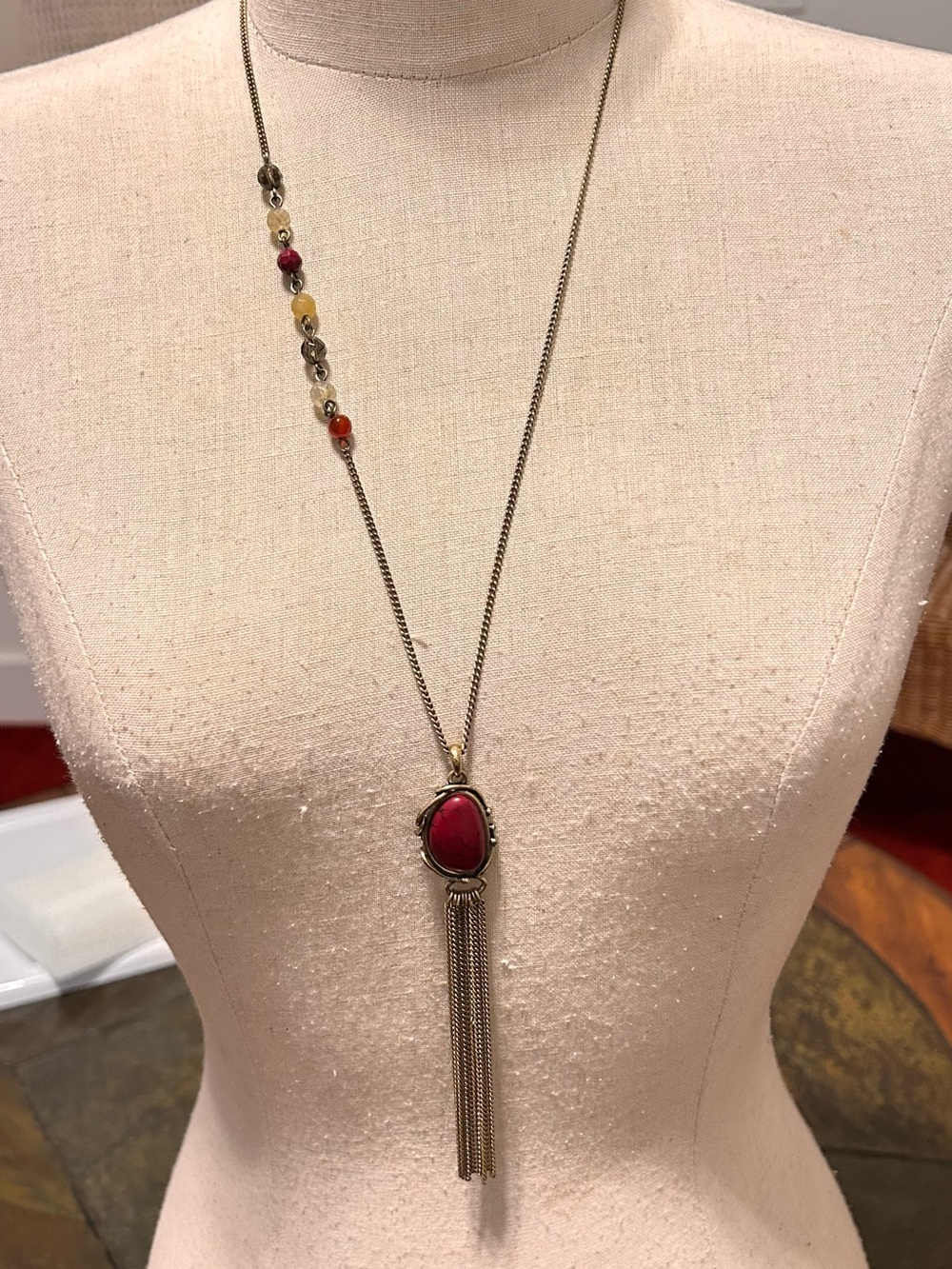 Lucky Brand Boho Tassel Pendant Necklace with Pink Stone